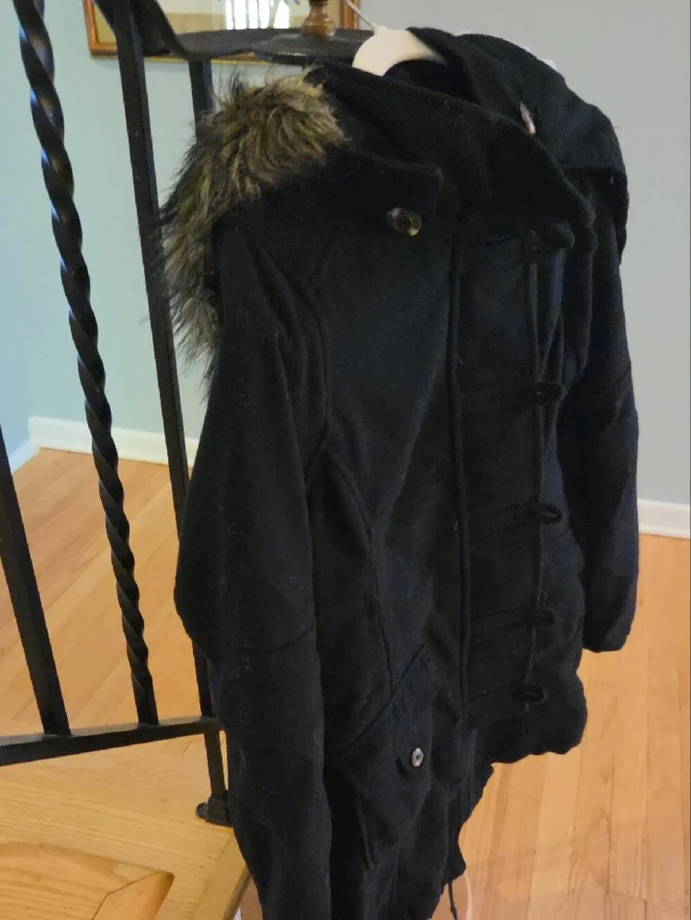 Free People Black Hooded Puffer Coat with Faux Fur Trim, 10 - Vintage